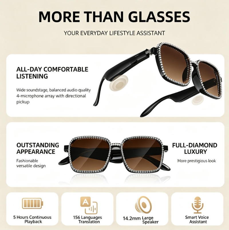 Rhinestone Smart Audio Sunglas - Audio Music Voice review and price